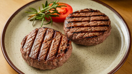 Grilled Beef Patties  Rosemary  Tomato  Closeup Food Photography