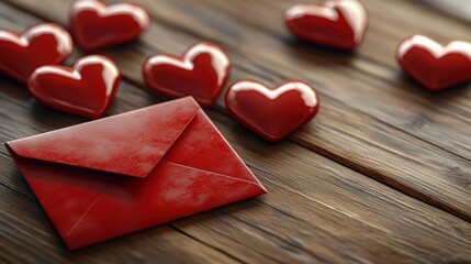 Red envelope and hearts on wooden table, romantic background