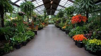 Greenhouse plants walkway display; diverse flora