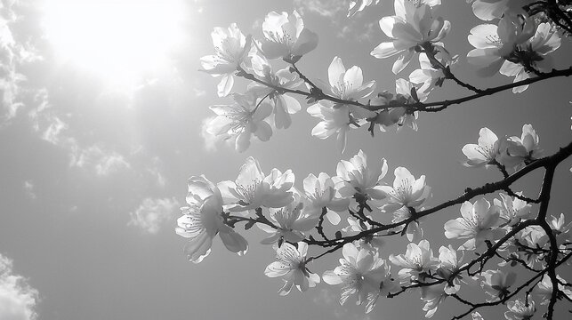 Monochrome magnolia blossoms backlit by bright sun.