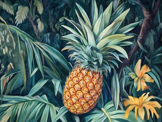 Obraz premium Lush tropical pineapple painting vibrant teal gold hues. AI Generated