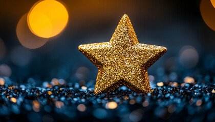 Golden star on glitter, bokeh background, holiday card