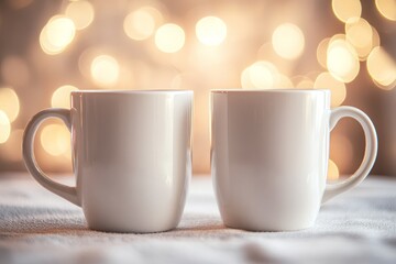 Obraz premium Two Empty White Coffee Mugs with Soft Bokeh Background Light