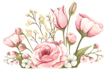 Watercolor floral bouquet for wedding, stationery, invitations, cards.