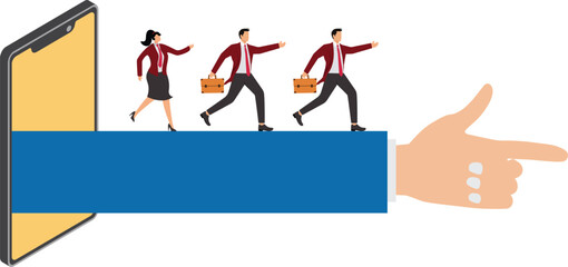 Thought leadership influencer or key opinion leader KOL social marketing for advertising campaign lead or influence by expert person concept hand pointing from mobile with people follow the way