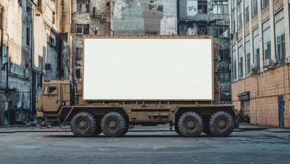 Advertising space on a military truck driving through an urban environment.