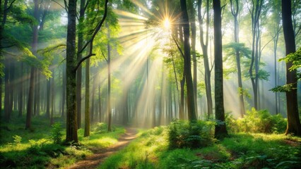 Fototapeta premium Foggy forest with sunlight filtering through trees, greenery, sunlight, greenery