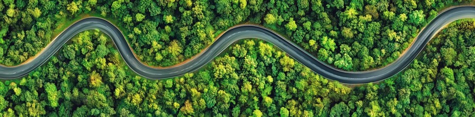 Winding Road Through Forest: A serpentine road meanders through a dense forest, its asphalt ribbon a vibrant contrast against the verdant canopy.