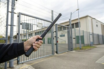Hand hold baton in front of gate. High security building