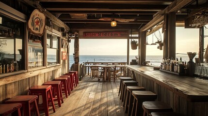 A rustic seafood shack serving crab cakes and cold beer with ocean views