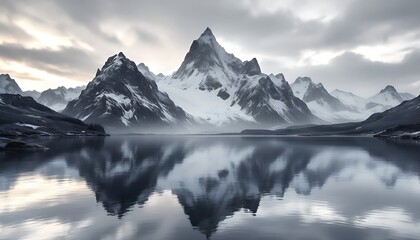 Obraz premium Majestic Snow-Capped Peaks Mirrored in Serene Lake: A Monochromatic Landscape
