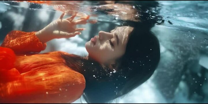 Young Asian woman drowning in the water, person in the water, girl or female in orange dress floating under water with closed eyes generative AI