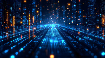 Glowing digital city at night, futuristic cityscape with neon lights and data streams. Abstract digital art of a vibrant, technological metropolis at