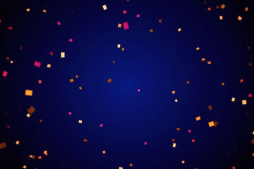 Rich blue background with colorful confetti pieces in mid air