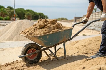 worker push sand wheelbarrow in sunny construction site