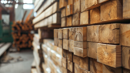 Close-up of stacked wooden beams highlighting the texture and grains of the wood in a workshop setting