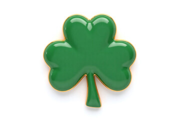 A stylized golden rimmed shamrock with a glossy green finish on a white background