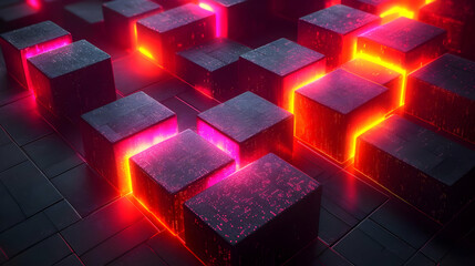 Glowing Cubes Abstract Background with Red and Pink Neon Lights