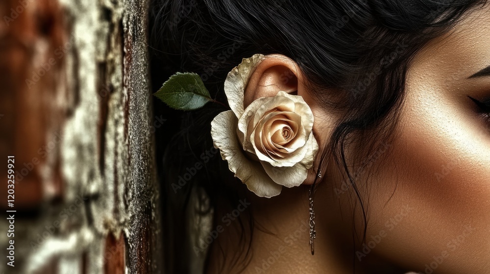 Wall mural photorealistic minimalistic single rose tucked behind an ear, paired with soft, natural makeup