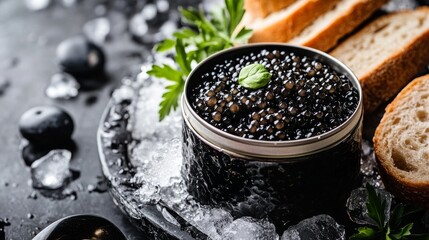 Luxurious Black Caviar on Ice with Bread and Champagne, perfect for fine dining and special occasion photography