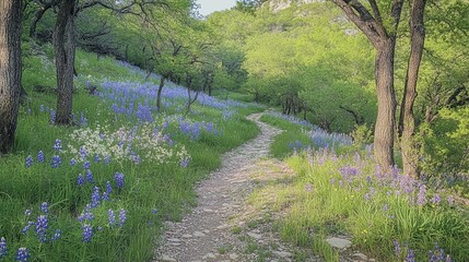 A scenic hiking trail through fresh green woods with blooming wildflowers along the path.