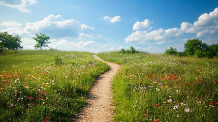 A scenic hiking trail winding through a meadow of wildflowers under a sunny sky