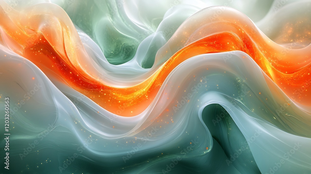 Poster dynamic swirl of green and orange flowing curves blending in soft fluid lines with smooth gradient c