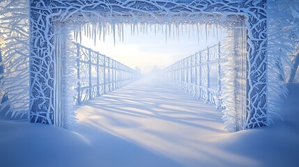 A row of icicles framing a frosted window, intricate frost patterns spreading across the glass, soft morning light casting subtle shadows, cool blue and white tones, peaceful and graceful winter vibes