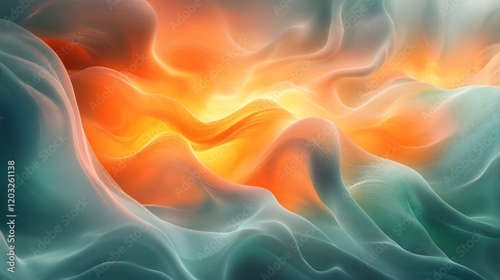 Poster dynamic swirl of green and orange flowing curves blending in soft fluid lines with smooth gradient c