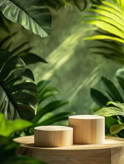 Abstract wooden podium on tropical leaves background for product presentation, mockup of two round wooden pedestals surrounded by green jungle