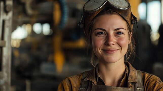 Smiling female welder in industrial factory setting, ideal for workplace and industry related concepts