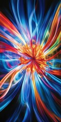 Colorful abstract swirl radiating vibrant energy in a dark background