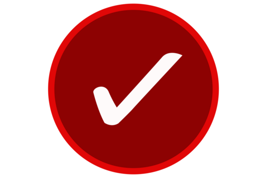 White right tick check mark icon on red round circle over transparent background. flat style tick icon for web site design, logo, app, UI design