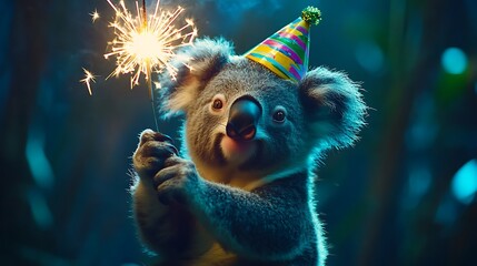 Festive koala holding sparkler.