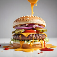 Delicious burger with many ingredients isolated on white background