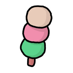 Cute hand-drawn illustration of three colorful dango on a stick. Perfect for food blogs, menus, or children's books.