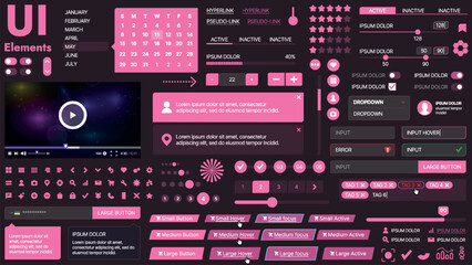 A modern UI kit featuring a collection of buttons, icons, navigation menus, and responsive design elements. Includes login forms, media players, search bars, and calendars, ideal for apps, websites