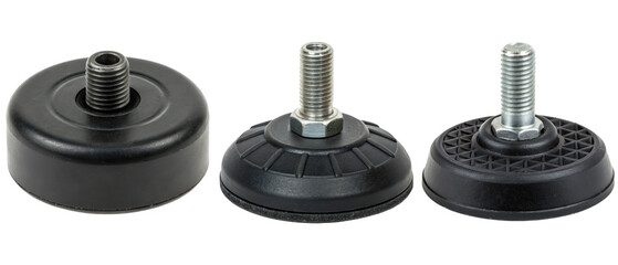 Set of three adjustable black rubber feet isolated with transparent background