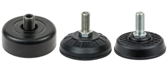 Set of three adjustable black rubber feet isolated with transparent background