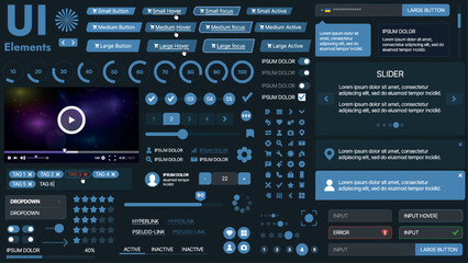 Fototapeta premium A modern UI kit featuring a collection of buttons, icons, navigation menus, and responsive design elements. Includes login forms, media players, search bars, and calendars, ideal for apps, websites
