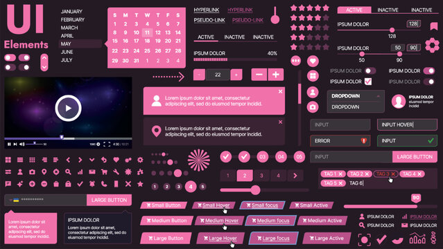 A modern UI kit featuring a collection of buttons, icons, navigation menus, and responsive design elements. Includes login forms, media players, search bars, and calendars, ideal for apps, websites