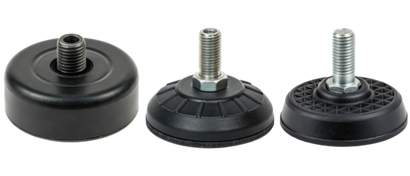 Set of three adjustable black rubber feet isolated with transparent background