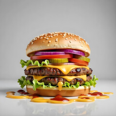 Delicious burger with many ingredients isolated on white background