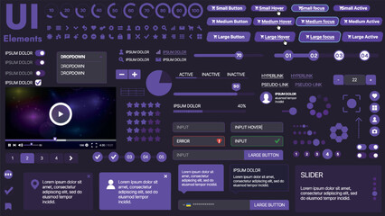 Fototapeta premium A modern UI kit featuring a collection of buttons, icons, navigation menus, and responsive design elements. Includes login forms, media players, search bars, and calendars, ideal for apps, websites