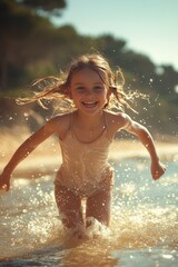 Obraz premium Joyful Young Girl Running Through Waves at Sunny Beach