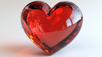 Red glass heart on white reflecting light