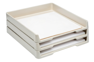 Stackable beige plastic trays for organizing papers isolated with transparent background