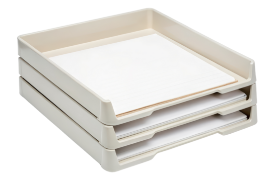 Stackable beige plastic trays for organizing papers isolated with transparent background