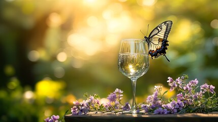 A serene butterfly resting on a wine glass set among wildflowers on a sunny table.