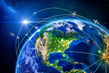 Global Network:  A breathtaking illustration depicts Earth's interconnectedness through a web of satellites orbiting the planet, showcasing global communication and technology. 